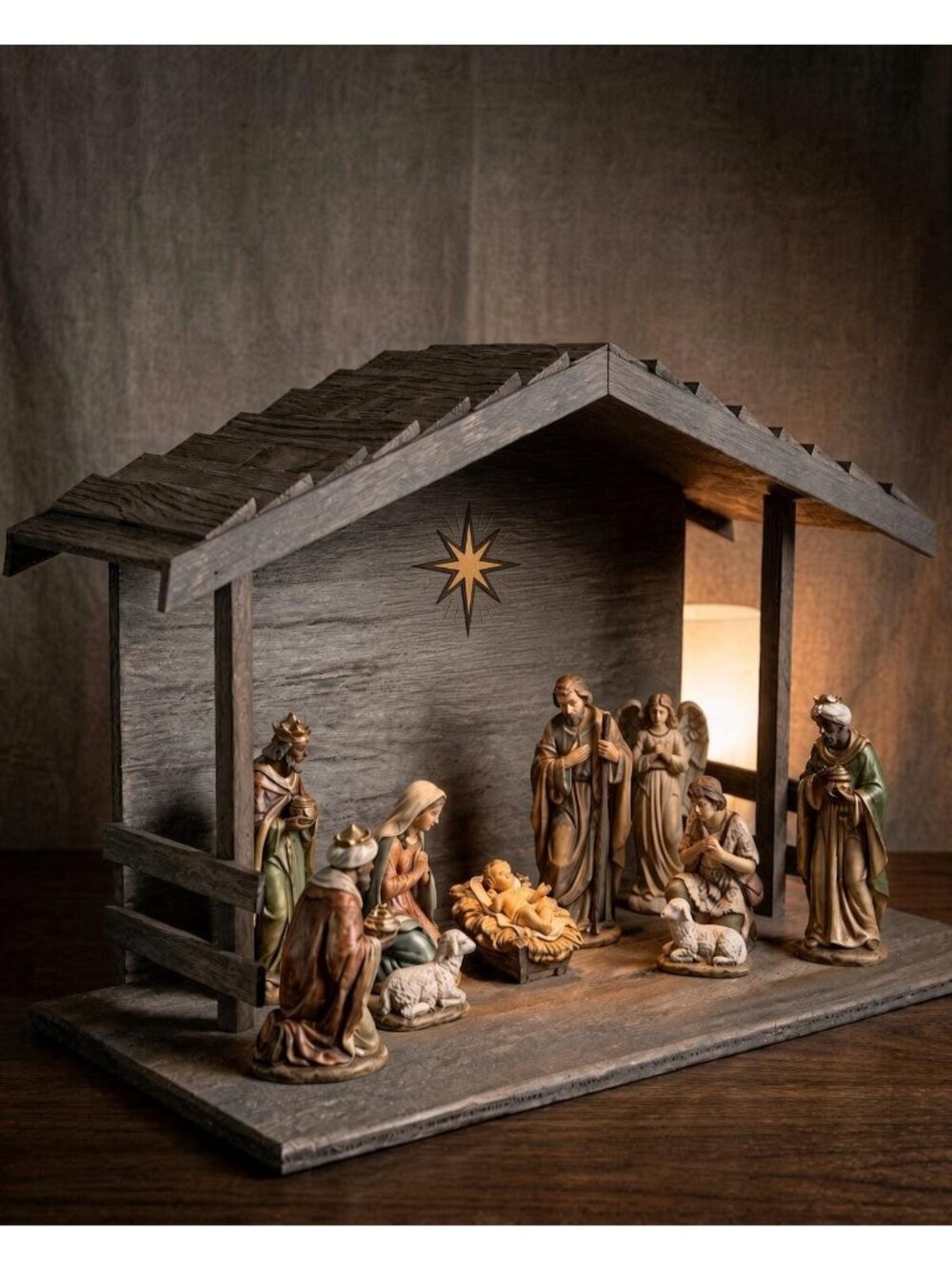 18" Handcrafted Wooden Nativity Stable | Aged Barnwood Shingle Roof Manger
